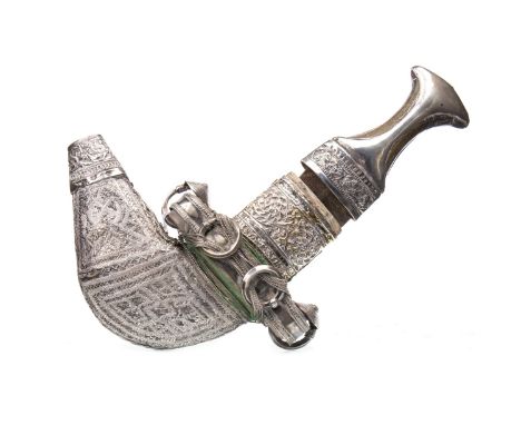 CEREMONIAL OMANI KHANJAR, the scabbard and handle cased in white metal, 31cm long