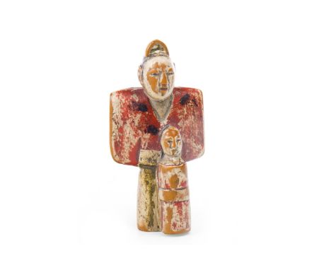 LATE 19TH CENTURY JAPANESE PAINTED WOOD NETSUKE, modelled as an actor with a figure to his front, 5.5cm high