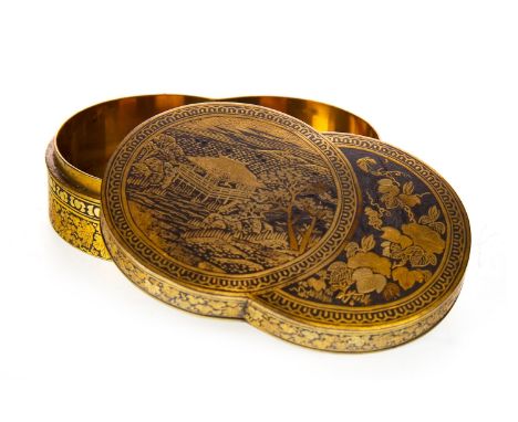 EARLY 20TH CENTURY JAPANESE ENAMELLED BRASS BOX WITH LID, decorated with a pavilion and trees in gilt on black enamel, the si