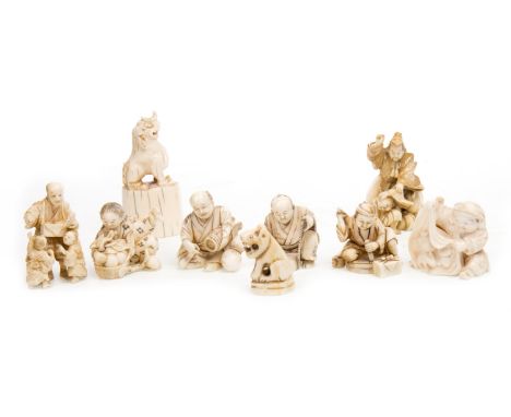 COLLECTION OF NINE LATE 19TH/EARLY 20TH CENTURY JAPANESE IVORY CARVINGS, including two figure groups, the taller 5.5cm high; 