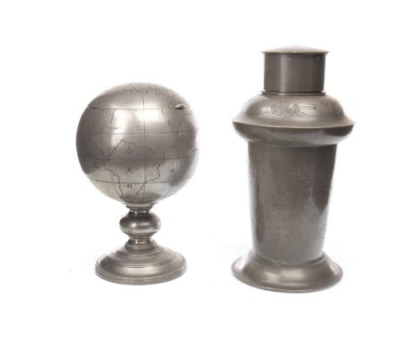 EARLY 20TH CENTURY CHINESE PEWTER CADDY, modelled as a terrestrial globe, with hinged lid, 15.5cm high; along with a Chinese 