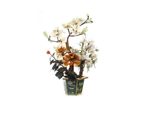 20TH CENTURY CHINESE HARDSTONE TREE, with many large flowerheads, in hexagonal floral decorated enamel tub, 56cm high