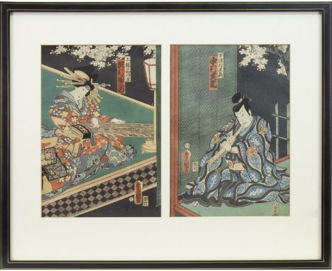 TOYOKUNI III, MUSICIANS WITH BAMBOO PIPE, woodblock print diptych, publisher Uoya-Eikichi, each image 34cm x 24cm; along with