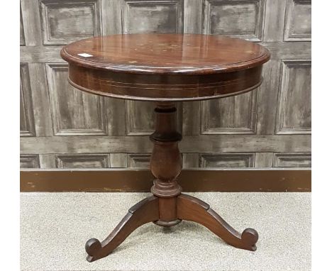 20TH CENTURY CHINESE HARDWOOD CIRCULAR TEA TABLE, the circular top with inlaid foliate design, on pillar and tripod supports,