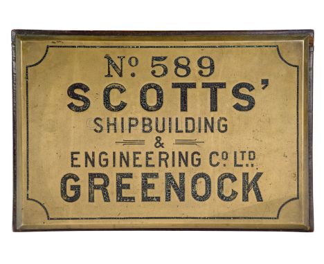 AN HISTORICALLY INTERESTING ENGINE PLATE FOR H.M.SUBMARINE TROOPER BUILT BY SCOTTS' OF GREENOCK, 1942 cast in brass with cham