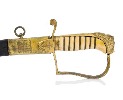 Ø AN 1805 PATTERN NAVAL SWORD BY SALTER with 25½in. blued and gilt etched blade, wire-bound ivory grip with gilt brass lion's