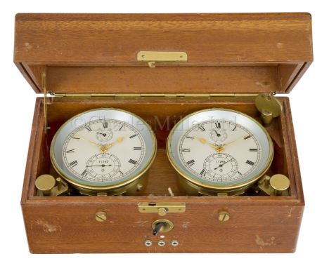 A RARE TWO-DAY DOUBLE MARINE CHRONOMETER SET BY G.U.B. GLASHÜTTE, CIRCA 1960 the 3½in. silvered dials signed Glashütte and nu