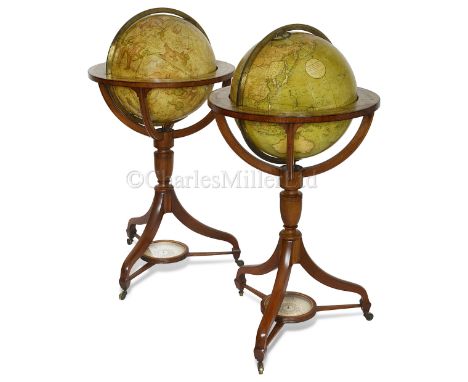 A FINE AND HIGHLY ORIGINAL PAIR OF 15IN. LIBRARY GLOBES BY J. &amp; W. CARY, LONDON, 1819 &amp; 1820 plaster cores with colou