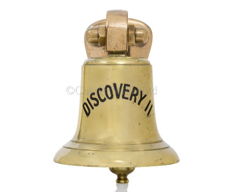 THE BRIDGE BELL FROM R.R.S. DISCOVERY II, 1928 cast in brass with black filled lettering to front, suspension loop and clappe