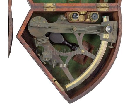 Ø A 7½IN. RADIUS BRASS TULIP PATTERN SEXTANT, CIRCA 1870 unsigned, the oxidised brass frame with inset ivory scale divided to