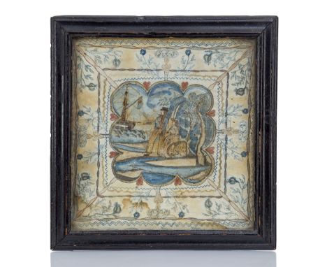 A RARE 19TH CENTURY SAILORWORK WATERCOLOUR EMBROIDERY TEMPLATE the border pricked out in full with initials J.A.S., the centr