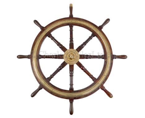AN HISTORICALLY IMPORTANT EIGHT SPOKE SHIP'S HELM FROM H.M.S. STORK, 1936 constructed in teak with brass hub signed Brown Bro