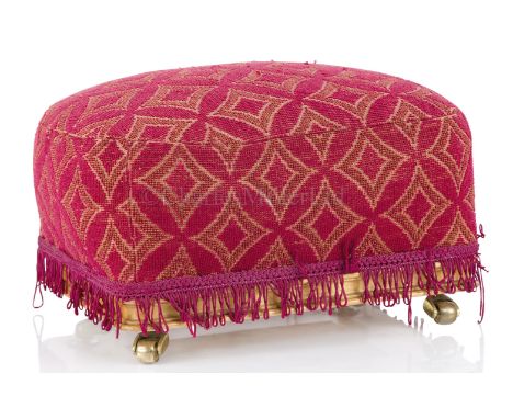 A FOOTSTOOL FROM R.M.S. QUEEN MARY, CIRCA 1936 stencilled on the underside QUEEN MARY CABIN DINING SALOON, now with brass cas