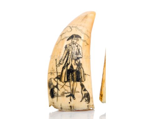 Ø A 19TH CENTURY SCRIMSHAW DECORATED WHALE'S TOOTH incised over one side with a full-length depiction of a one-armed captain 