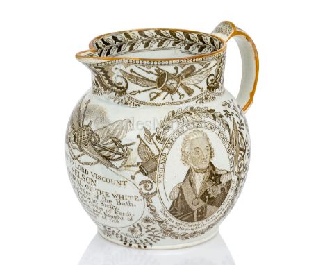 A 19TH CENTURY NELSON COMMEMORATIVE PEARLWARE JUG decorated in the round with sepia transfer decoration of Nelson, Victory an