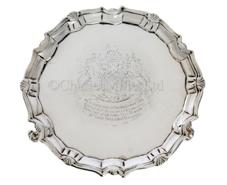 A RARE PRESENTATION SALVER COMMEMORATING THE LAUNCH OF H.M.S. CAPTAIN, 1743 engraved with the Royal coat-of-arms, and inscrib