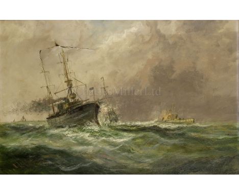 ERNEST WILLIAM LARA (BRITISH, 1870-1940) H.M.S. 'Birmingham' Sinking 'U-15' in the North Sea, 1914 Signed 'E. Lara' (lower le