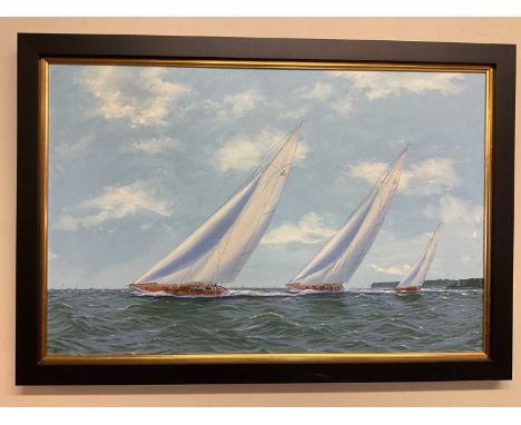 † GEORGE DRURY; oil on board, 'J Class Passing The Squadron', signed, further inscribed verso, 48 x 74cm, framed.