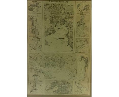 A framed map titled the 'Coast of England', with inset plans for 'Plymouth Sound', 'Ramsgate', 'Folkestone', 'Falmouth', 'Mar