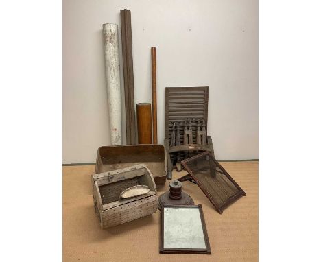 A collection of assorted 19th and 20th century wooden architectural and furniture items including a woven basket and a washin