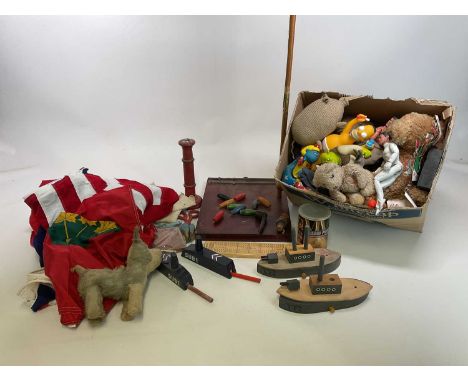 A quantity of mixed collectors' items, comprising vintage wooden toys, flags, and a large box of vintage and modern toys.