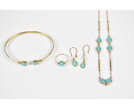 A suite of 14ct yellow gold and turquoise set jewellery, comprising necklace, bangle, ring, and pair of earrings, combined ap