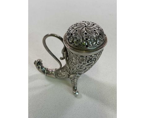 A Victorian hallmarked silver pounce pot of cornucopia form, with screw off cap, Birmingham 1888, height 9cm, approx. 3.3ozt/