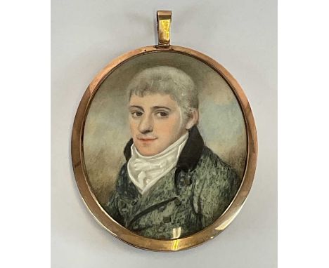 X A circa 1800 English oval portrait miniature, study of a grey haired gentleman wearing white stock, in rose gold coloured f