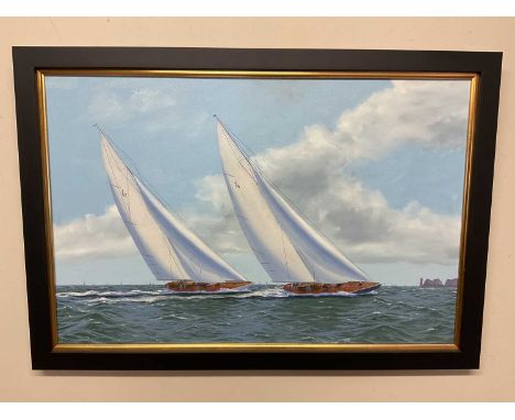 † GEORGE DRURY; oil on board, 'Endeavour and Velsheda Heading For The Needles', signed, further inscribed verso, 50 x 76cm, f