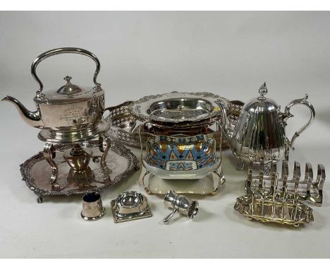 A large quantity of silver plate including twin handled tea tray, various flatware, kettle on stand, toast rack, etc.