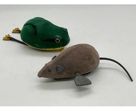 SCHUCO; two vintage velvet covered clockwork toys, a mouse and a frog, both apparently working, one key present.