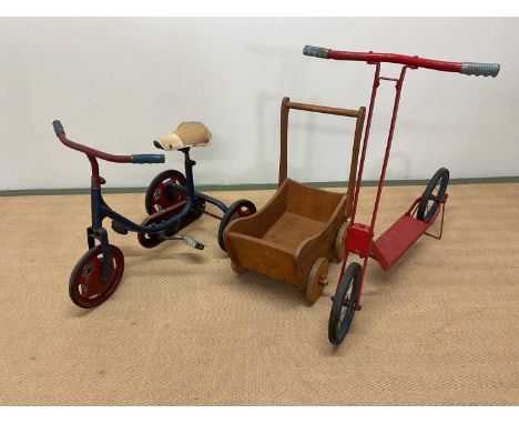 A vintage child's tricycle, a scooter and a cart (3).