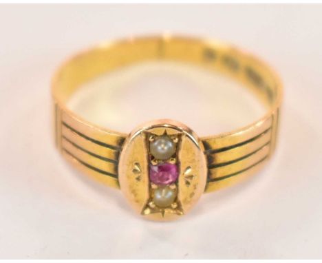 A 15ct gold pearl and ruby ring, size P, approx. 2.6gm