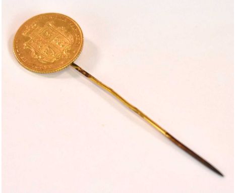 A Victorian half sovereign, 1853, shield back, later engraved with initials and soldered to form a stick pin, approx 4.6g.