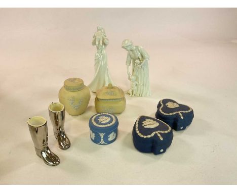 WEDGWOOD; a quantity of jasperware items including a small yellow ginger jar and trinket pot, dark blue trinket pots in the f