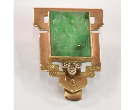 A 9ct yellow gold carved jade and tiny diamond Art Deco designed clip, 27 x 19mm, approx. 4.4g. in Reids of Newcastle on Tyne