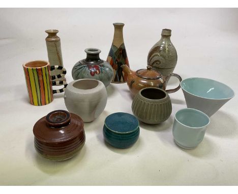An interesting mixed group of studio ceramics, including vases, teapot, bowls, etc.