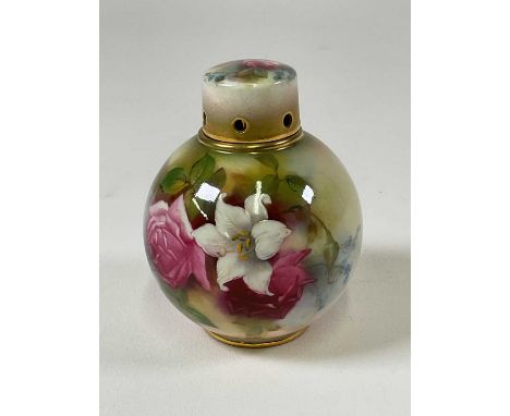 ROYAL WORCESTER; a floral painted globular pot pourri jar and cover with pierced detail to both the cover and collar, the dec