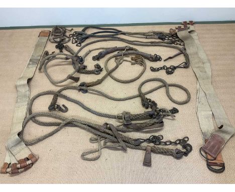 British Army large horses gun carriage towing accessories, consisting of seven girth belts and all the ropes and chains to at
