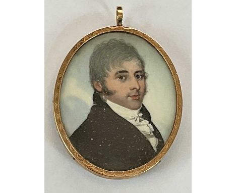 X FREDERICK BUCK; oval portrait miniature, 'George Harvey died 1831', with rose gold coloured frame and inscribed on sticker 