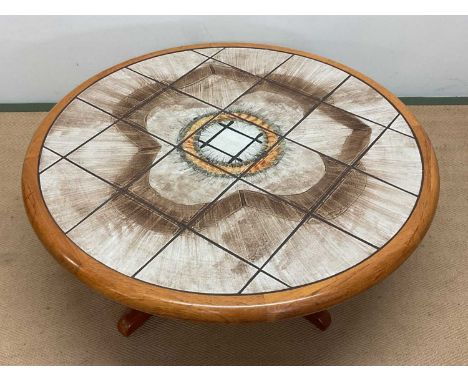 H M SOFABORDE; a 1970s Danish teak circular tile top coffee table raised on four splayed supports, height 43cm, diameter 107c