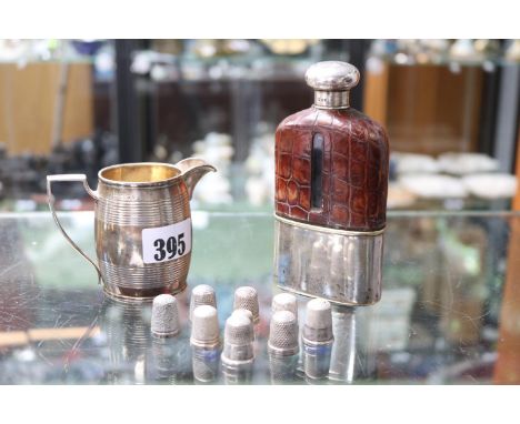 18thC Silver Cream Jug and assorted Silver Thimbles 140g total weight and a Brown Leather applied Spirit flask 