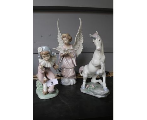 Lladro Privilege Unicorn, Lladro Angel with Dove and a Nao Pierrette 