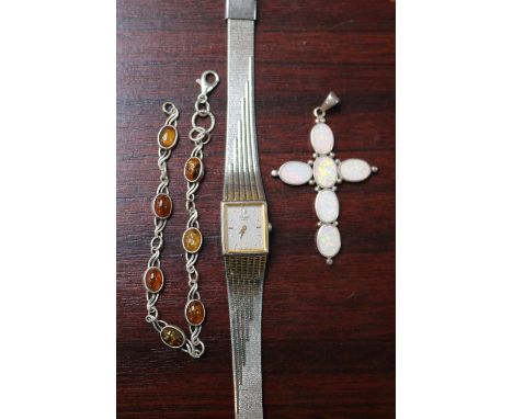 Ladies Silver Opal set cross, Silver Amber set bracelet and a Pulsar ladies wristwatch 