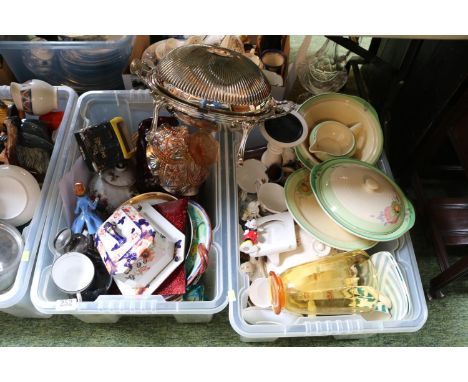 2 Boxes of assorted Ceramics and bygones to include Clarice Cliff, Silver plated table centrepiece server, Ringtons Tea Caddy