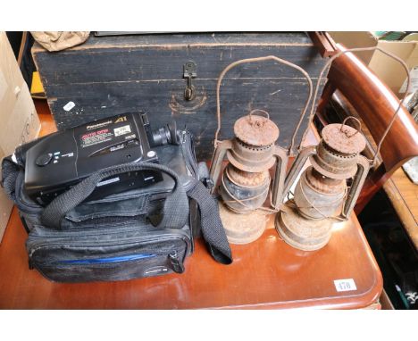 Panasonic A1 Auto One Video Camera and 2 Vintage Storm Lamps 
