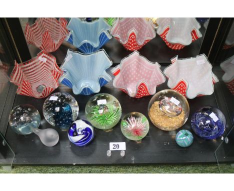 Collection of assorted Glass paperweights and 4 Mid Century Handkerchief vases 