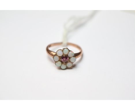Ladies 9ct Gold Opal and Tourmaline set daisy design ring Size J. 2.1g total weight 