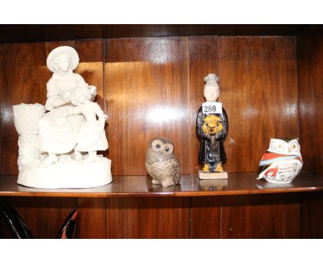 Royal Crown Derby Owl Paperweight, Poole Owl, Chinese Funerary figure and a Parian figural group 