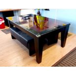 Wooden red velvet 2x1m pool table with black leather 3 person sofa & 3 x black leather benches